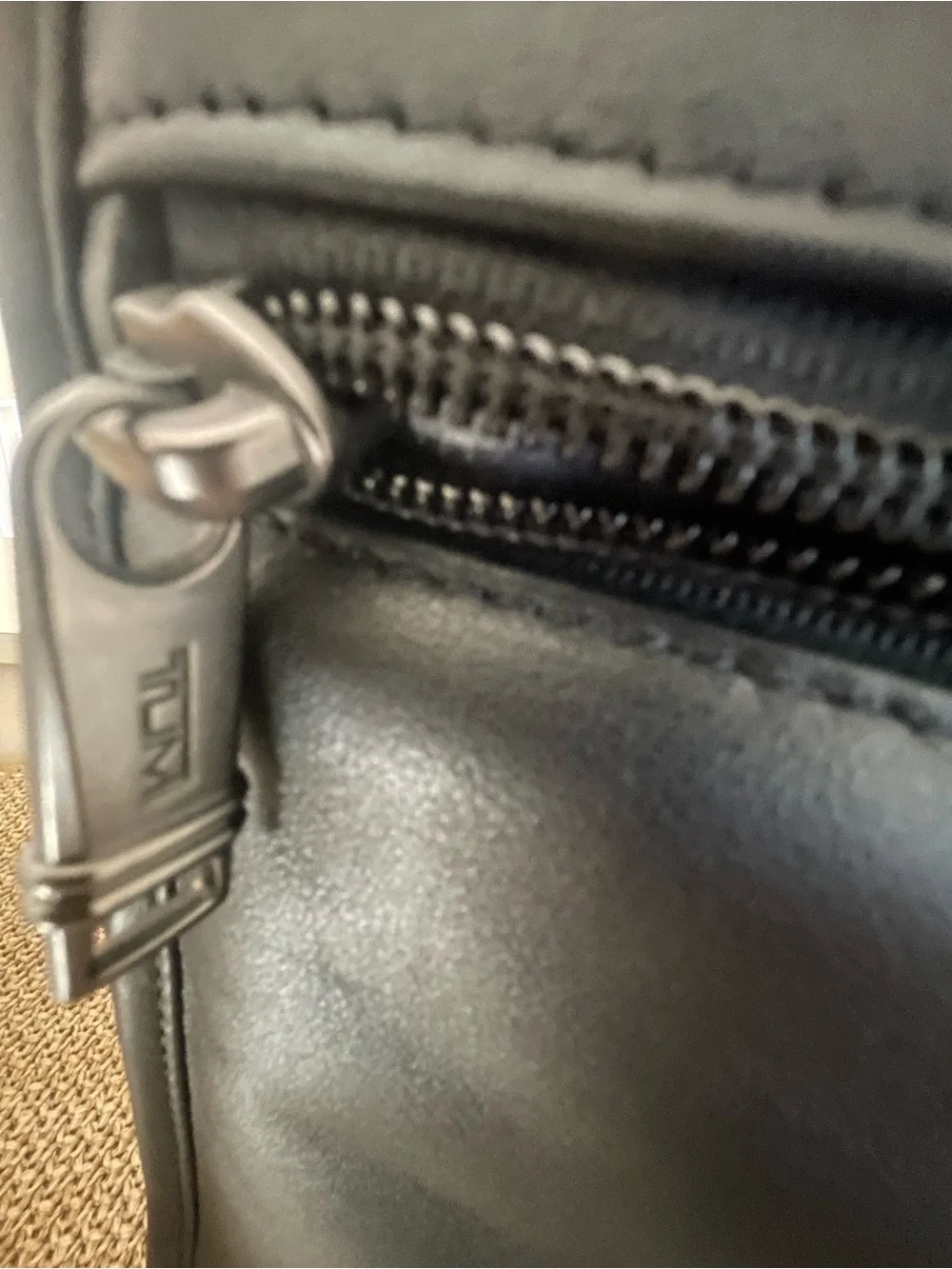 Tumi Black Leather Laptop Briefcase with Front Zip Pockets